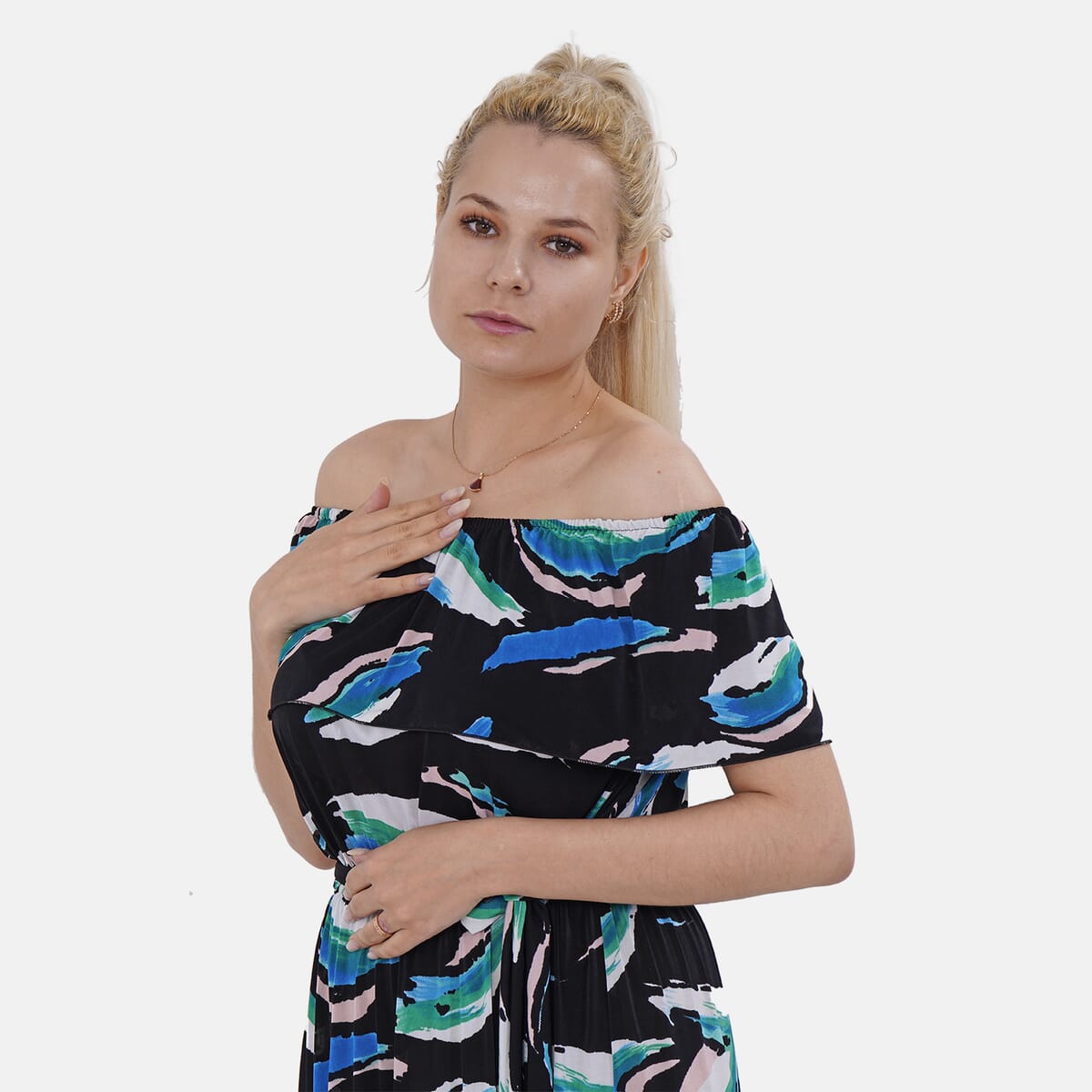 Tamsy Blue Brushstroke On-Off Shoulder Ruffle Neck Dress with Waist Tie - One Size Fits Most image number 3