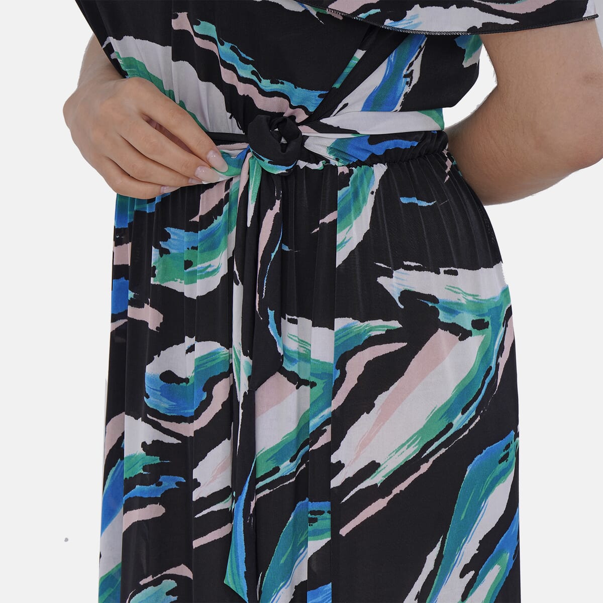 Tamsy Blue Brushstroke On-Off Shoulder Ruffle Neck Dress with Waist Tie - One Size Fits Most image number 4