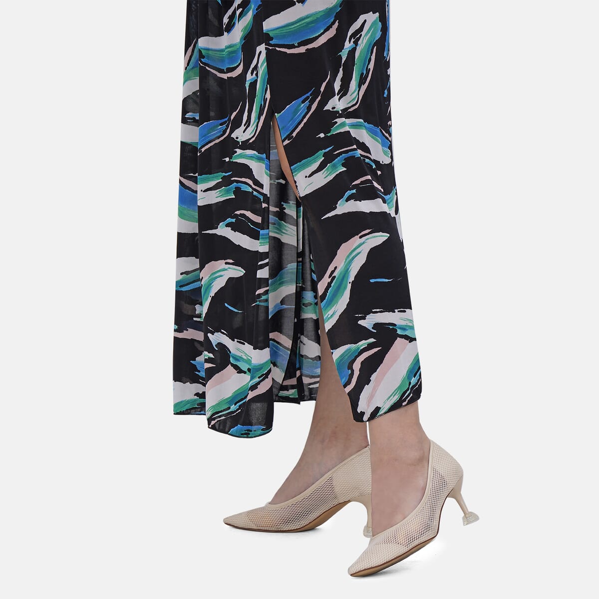 Tamsy Blue Brushstroke On-Off Shoulder Ruffle Neck Dress with Waist Tie - One Size Fits Most image number 5