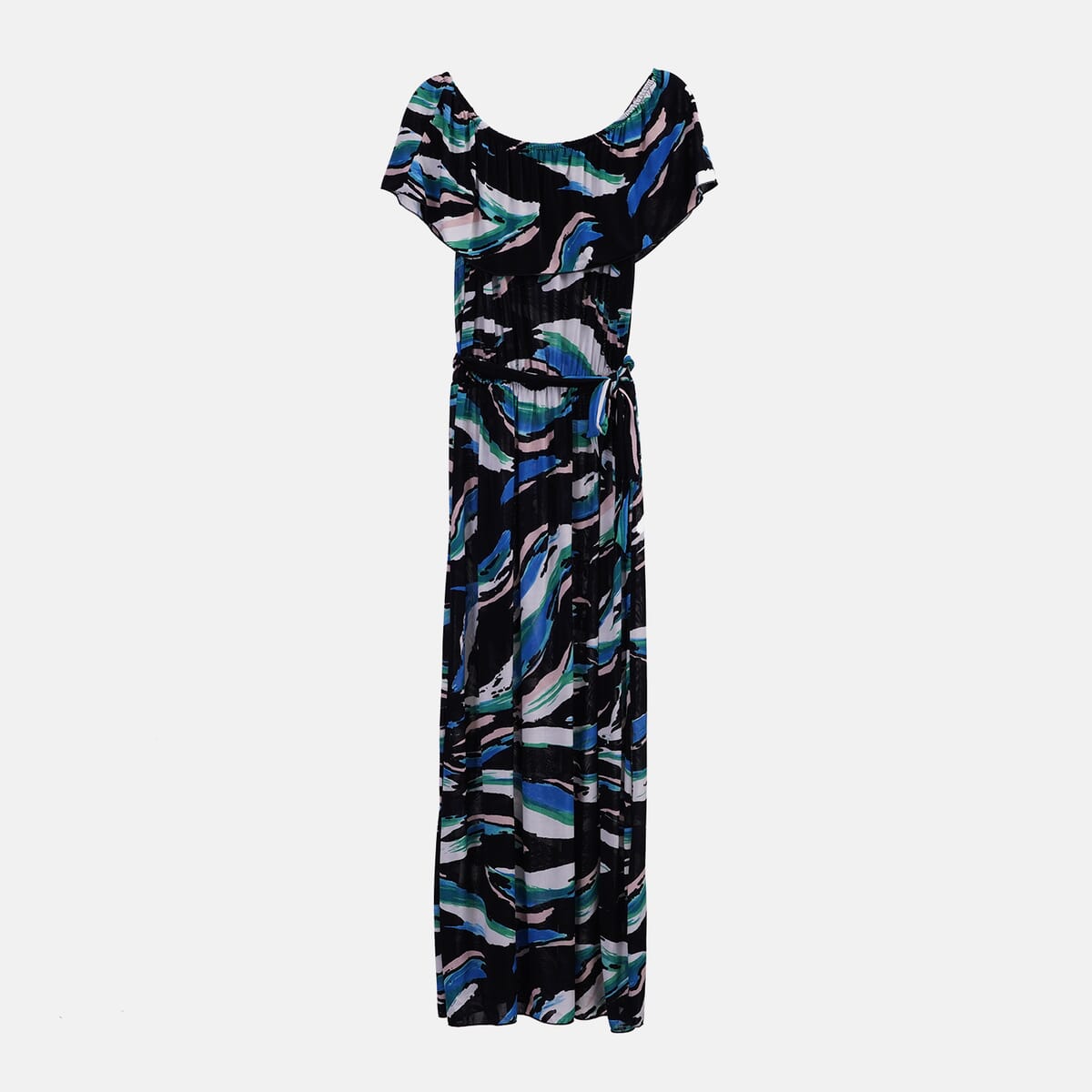 Tamsy Blue Brushstroke On-Off Shoulder Ruffle Neck Dress with Waist Tie - One Size Fits Most image number 6