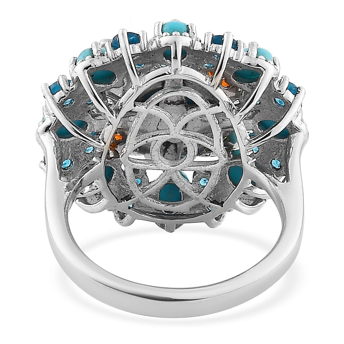 Sleeping Beauty Turquoise and Multi Gemstone Floral Ring in Platinum Over Sterling Silver (Size 10.0) 3.50 ctw