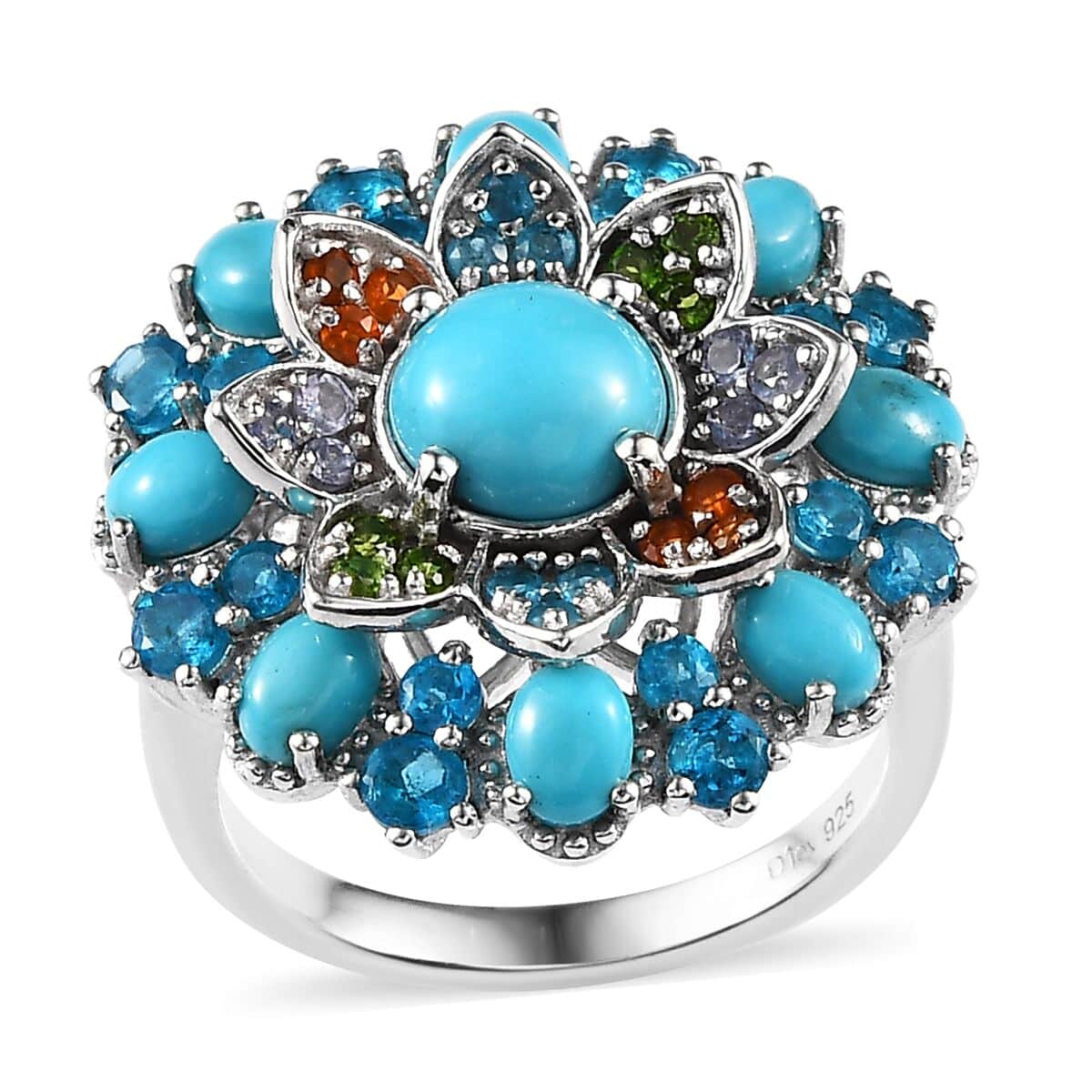 Sleeping Beauty Turquoise and Multi Gemstone Floral Ring in Platinum Over Sterling Silver (Size 7.0) 3.50 ctw image number 0