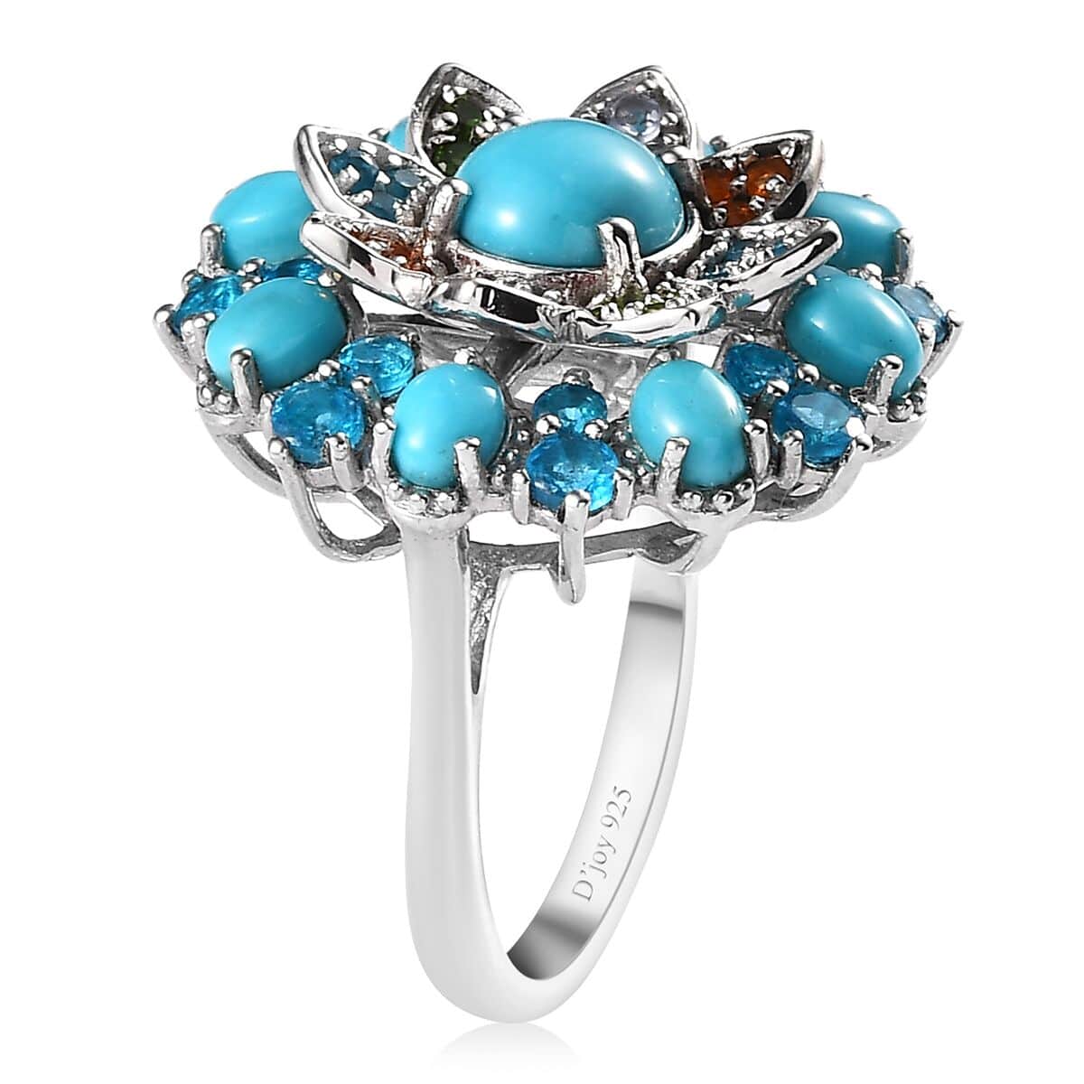 Sleeping Beauty Turquoise and Multi Gemstone Floral Ring in Platinum Over Sterling Silver (Size 7.0) 3.50 ctw image number 3