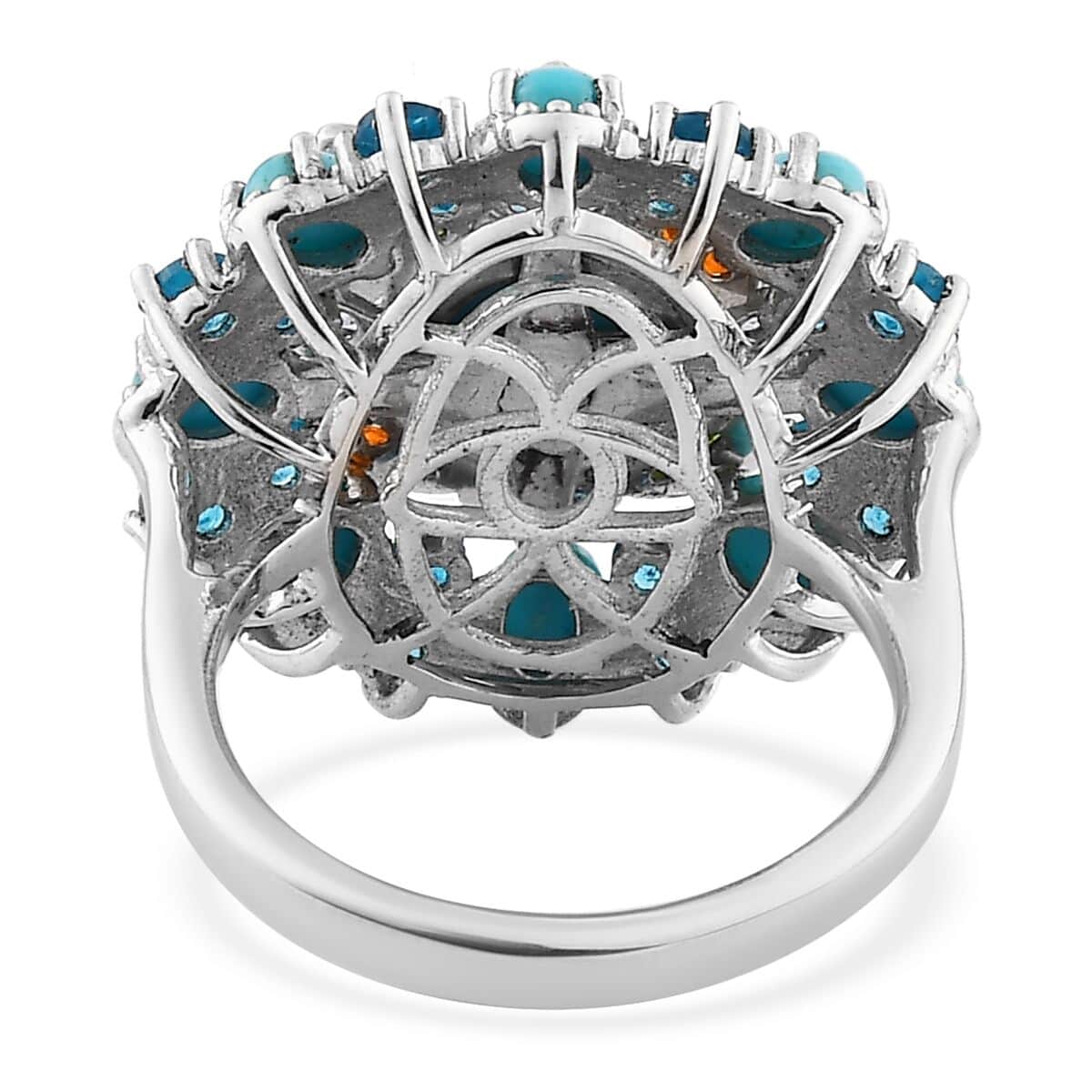 Sleeping Beauty Turquoise and Multi Gemstone Floral Ring in Platinum Over Sterling Silver (Size 7.0) 3.50 ctw image number 4