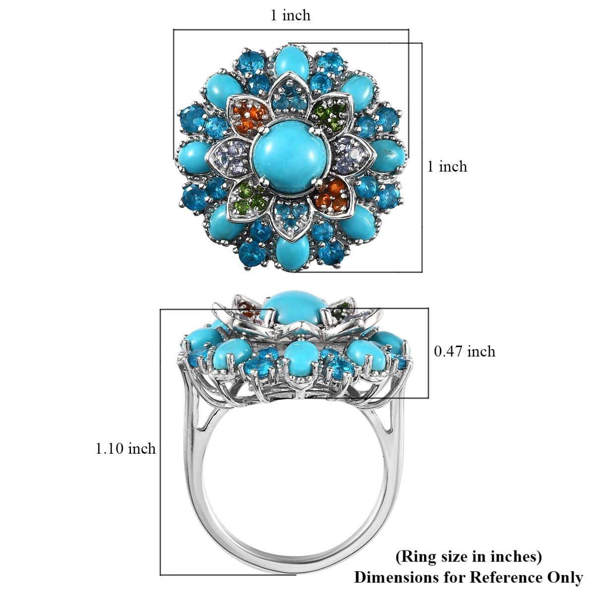 Sleeping Beauty Turquoise and Multi Gemstone Floral Ring in Platinum Over Sterling Silver (Size 7.0) 3.50 ctw image number 5