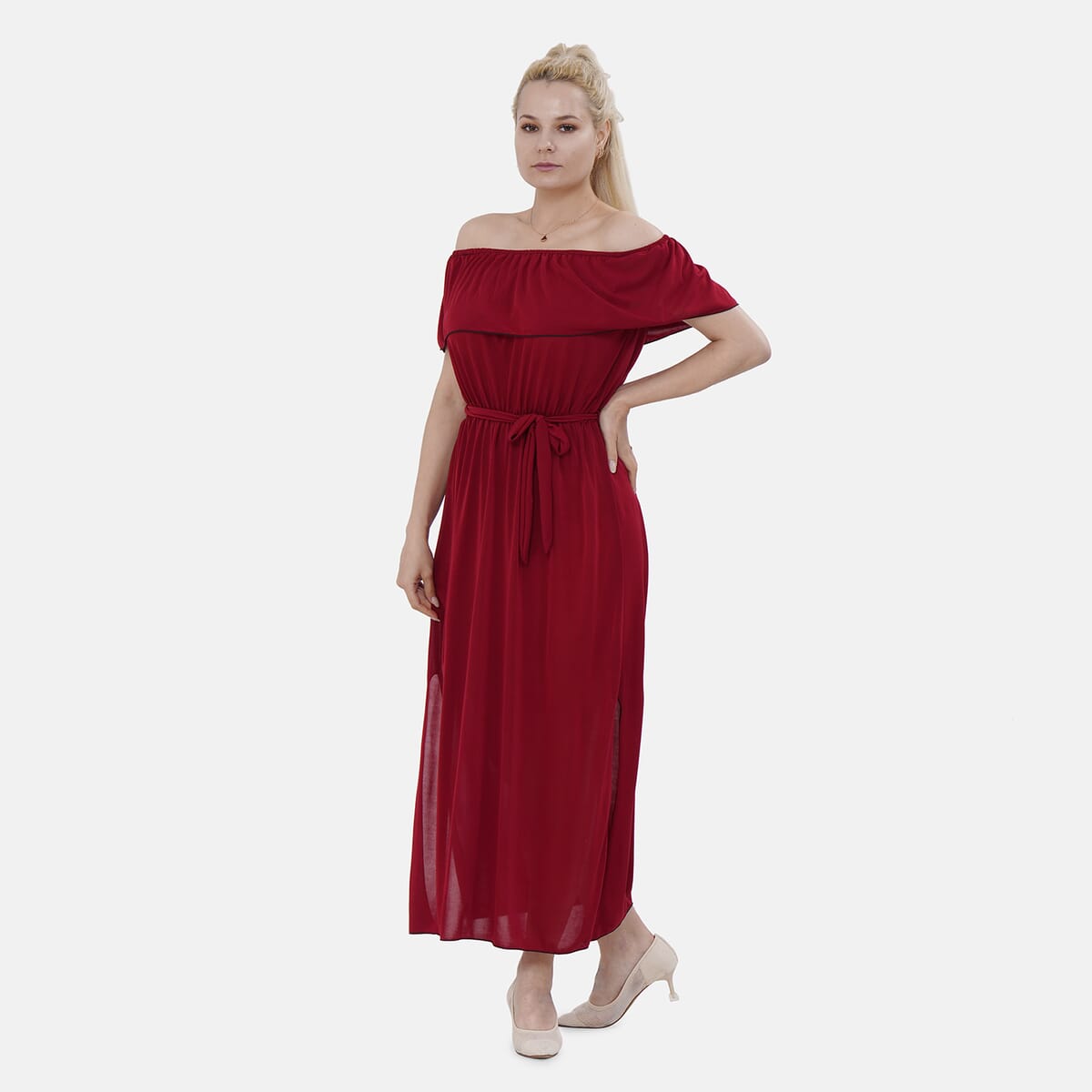 Tamsy Brick Red On-Off Shoulder Ruffle Neck Dress with Waist Tie - One Size Fits Most image number 0