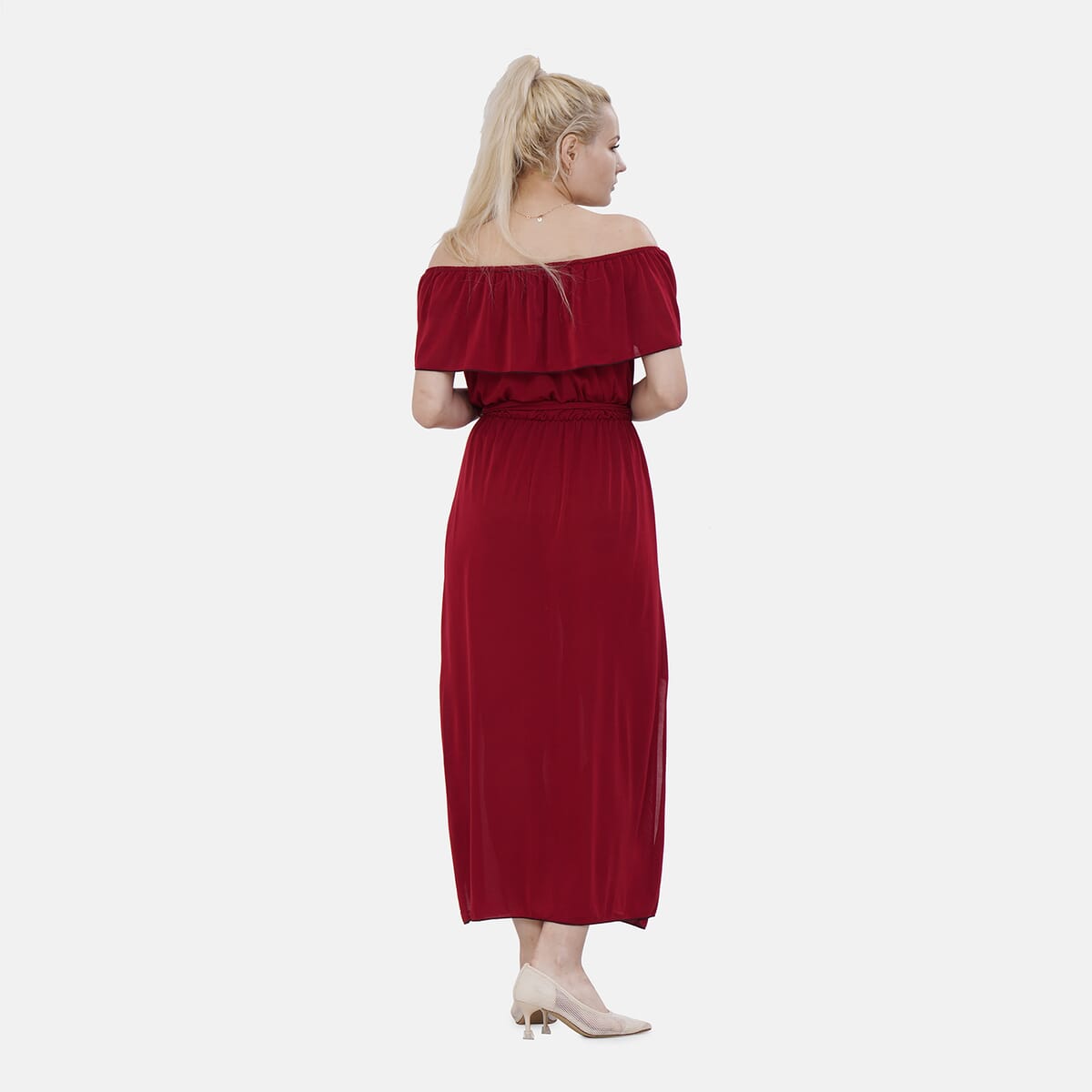 Tamsy Brick Red On-Off Shoulder Ruffle Neck Dress with Waist Tie - One Size Fits Most image number 1