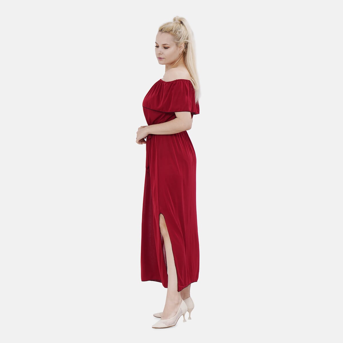 Tamsy Brick Red On-Off Shoulder Ruffle Neck Dress with Waist Tie - One Size Fits Most image number 2