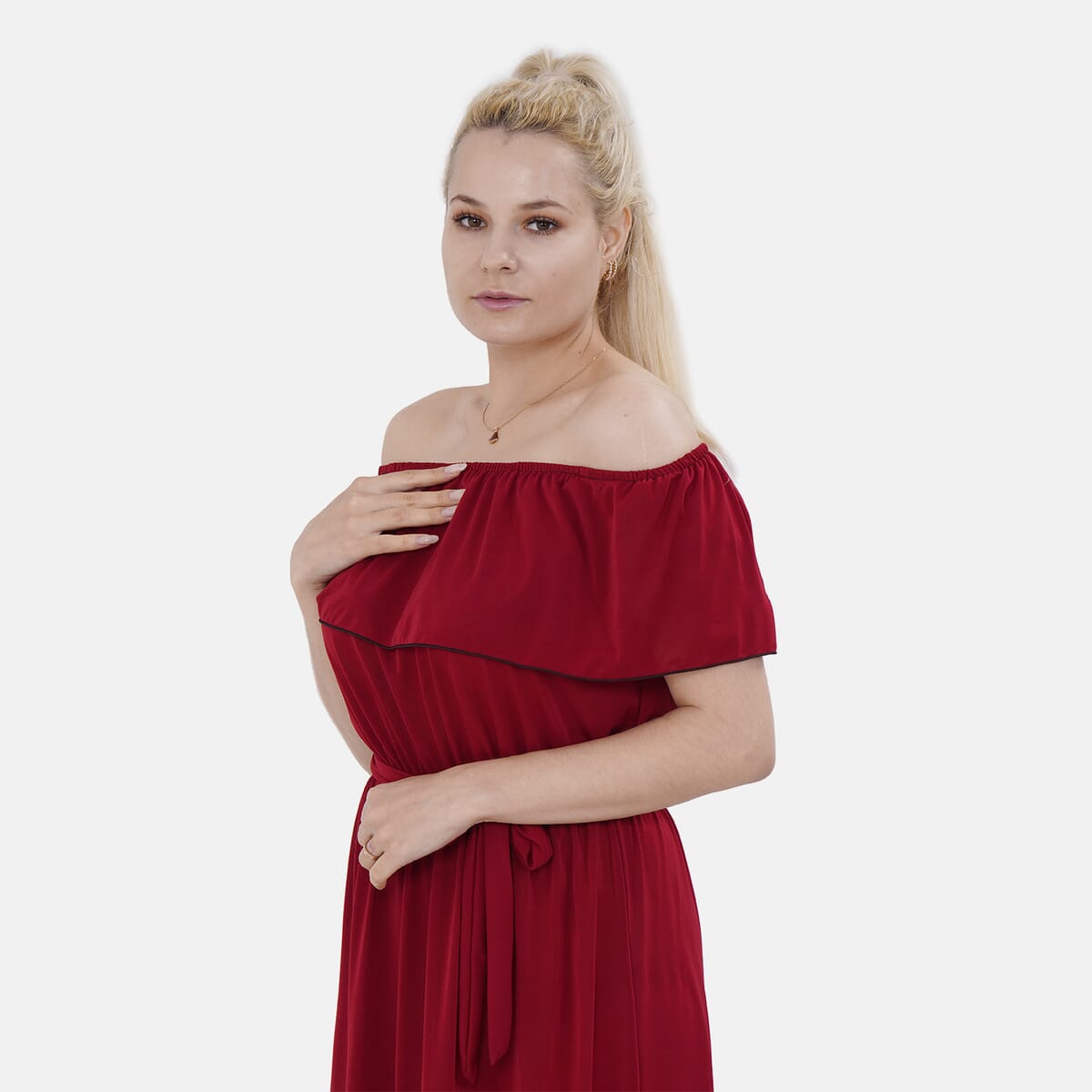 Tamsy Brick Red On-Off Shoulder Ruffle Neck Dress with Waist Tie - One Size Fits Most image number 3
