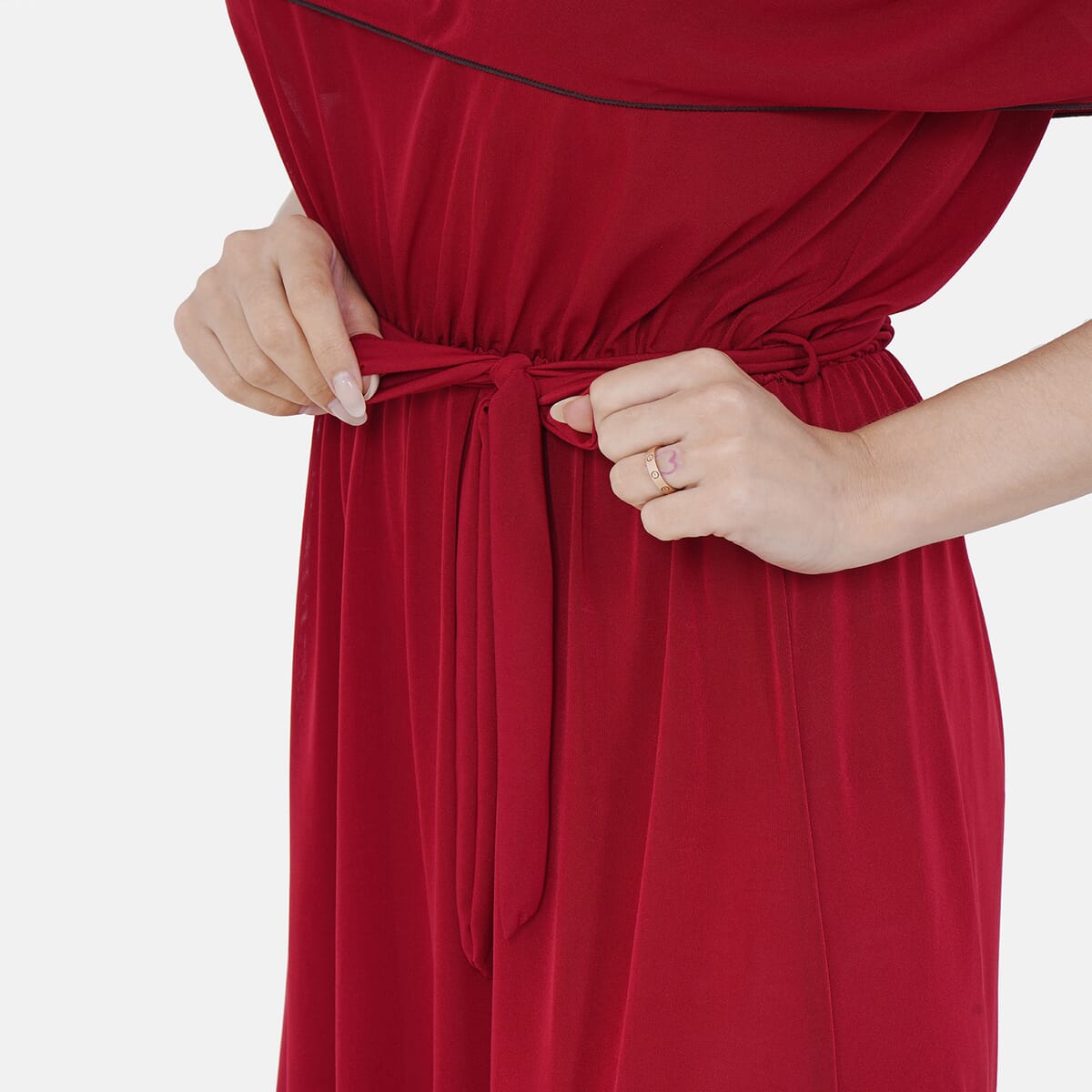 Tamsy Brick Red On-Off Shoulder Ruffle Neck Dress with Waist Tie - One Size Fits Most image number 4