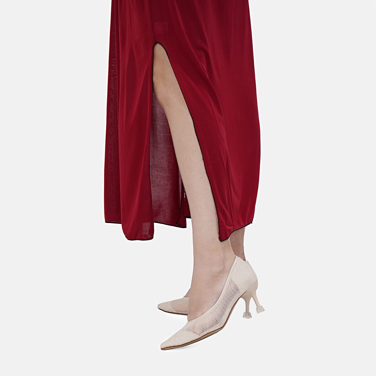 Tamsy Brick Red On-Off Shoulder Ruffle Neck Dress with Waist Tie - One Size Fits Most image number 5