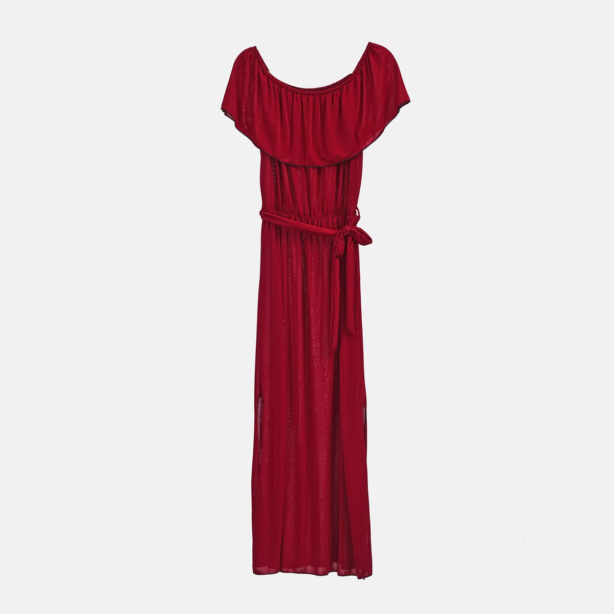 Tamsy Brick Red On-Off Shoulder Ruffle Neck Dress with Waist Tie - One Size Fits Most image number 6