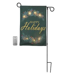 Lumabase Christmas-Battery Operated Lighted Outdoor Banner with Garden Flag Stand – Happy Holidays