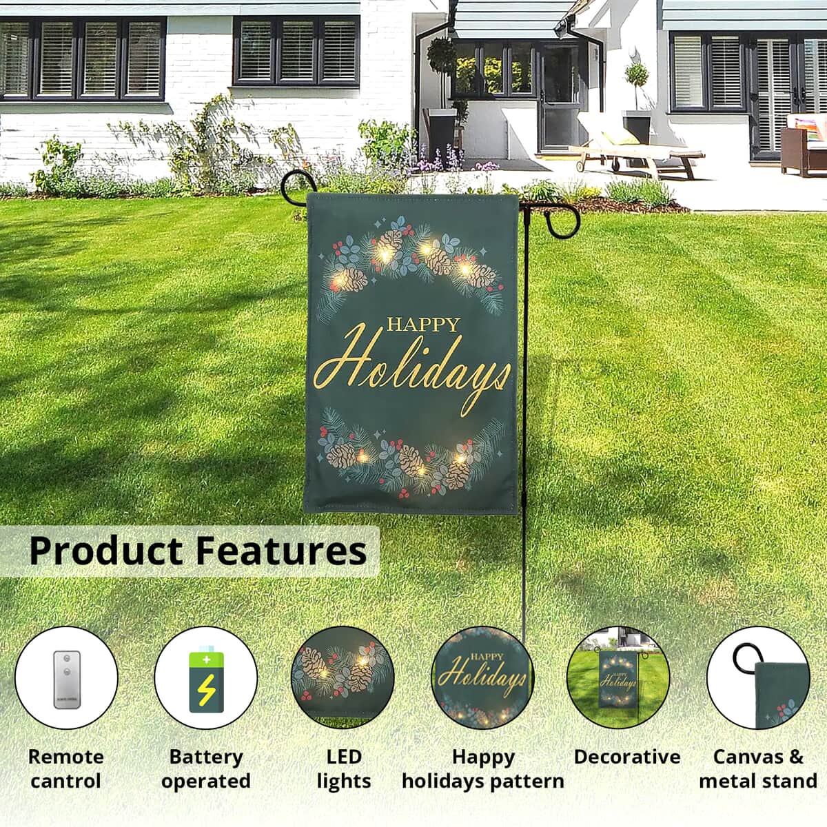 Lumabase Christmas-Battery Operated Lighted Outdoor Banner with Garden Flag Stand – Happy Holidays image number 1