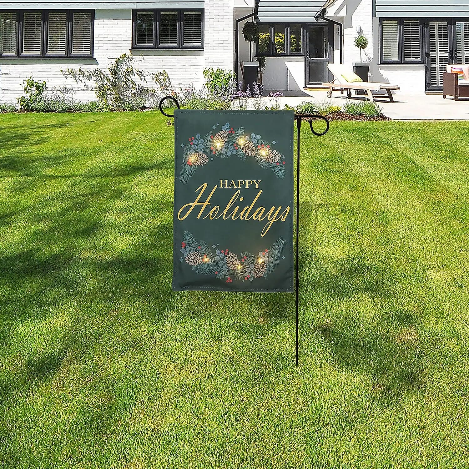 Lumabase Christmas-Battery Operated Lighted Outdoor Banner with Garden Flag Stand – Happy Holidays
