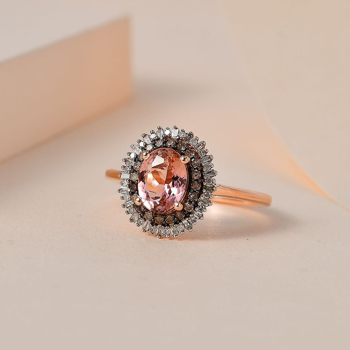 Premium Blush Tourmaline, Natural Champagne and White Diamond Floral Ring in Vermeil Rose Gold Over Sterling Silver (Size 10.0) 1.60 ctw image number 1