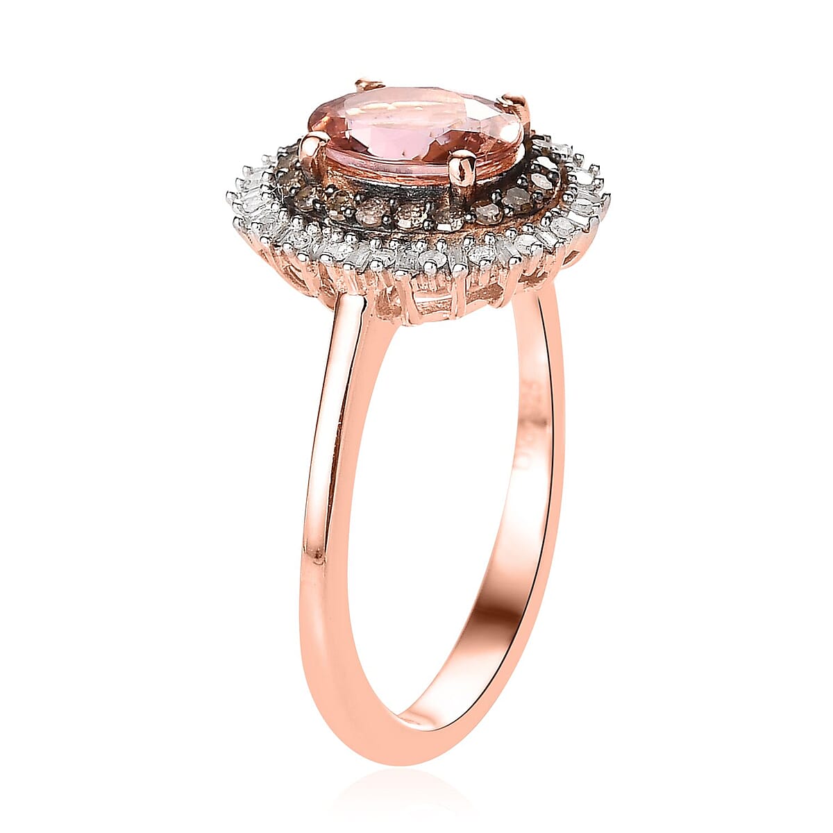 Premium Blush Tourmaline, Natural Champagne and White Diamond Floral Ring in Vermeil Rose Gold Over Sterling Silver (Size 10.0) 1.60 ctw image number 3