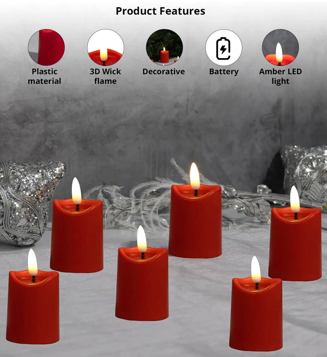 Lumabase Christmas-Battery Operated 3D Wick Flame Mini Pillars, Red – Set of 6 image number 1