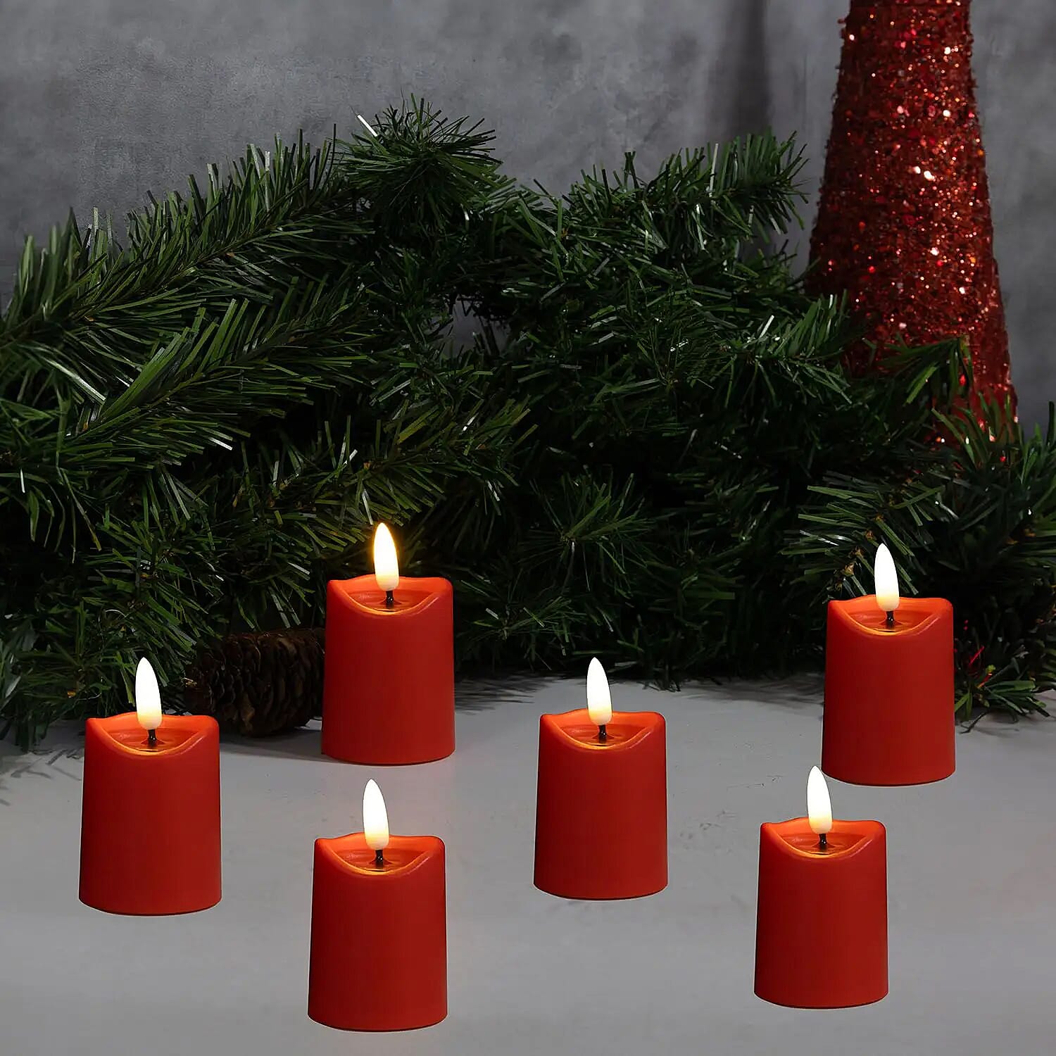 Lumabase Christmas-Battery Operated 3D Wick Flame Mini Pillars, Red – Set of 6
