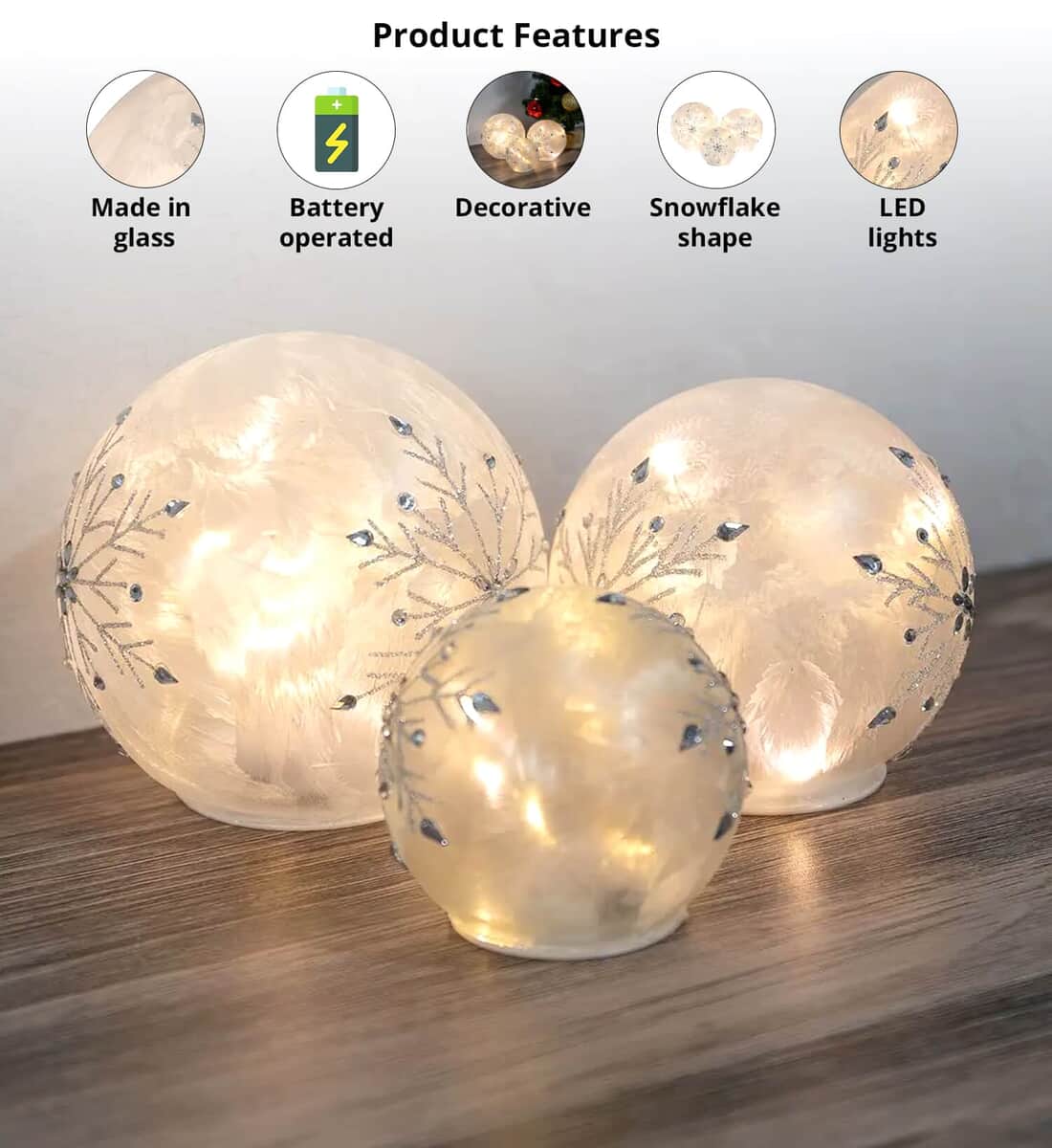 Lumabase Christmas-Battery Operated Glass Snowflake Globes – Set of 3, Decorative LED Lights Battery Operated Décor Globe, Home Décor Lights image number 2