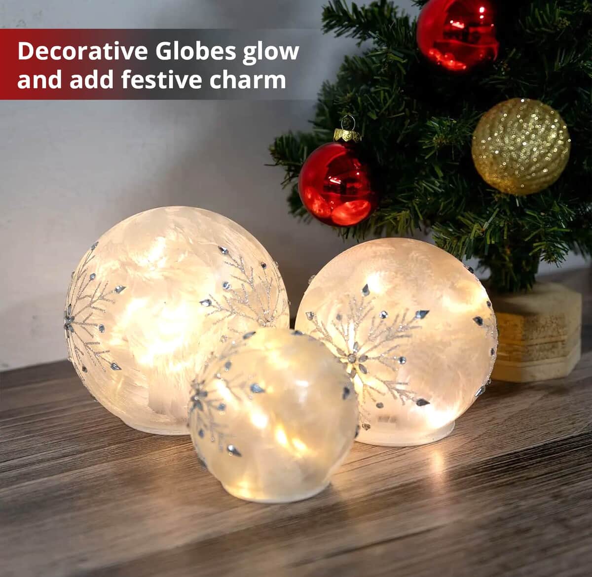 Lumabase Christmas-Battery Operated Glass Snowflake Globes – Set of 3, Decorative LED Lights Battery Operated Décor Globe, Home Décor Lights image number 3