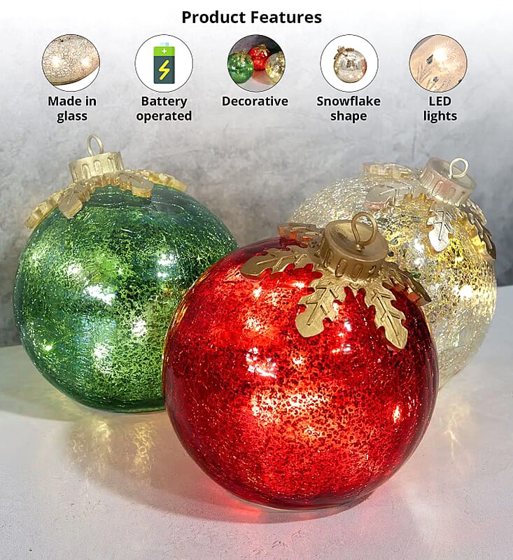 Lumabase Battery Operated Glass Tabletop Christmas Ornaments – Set of 3