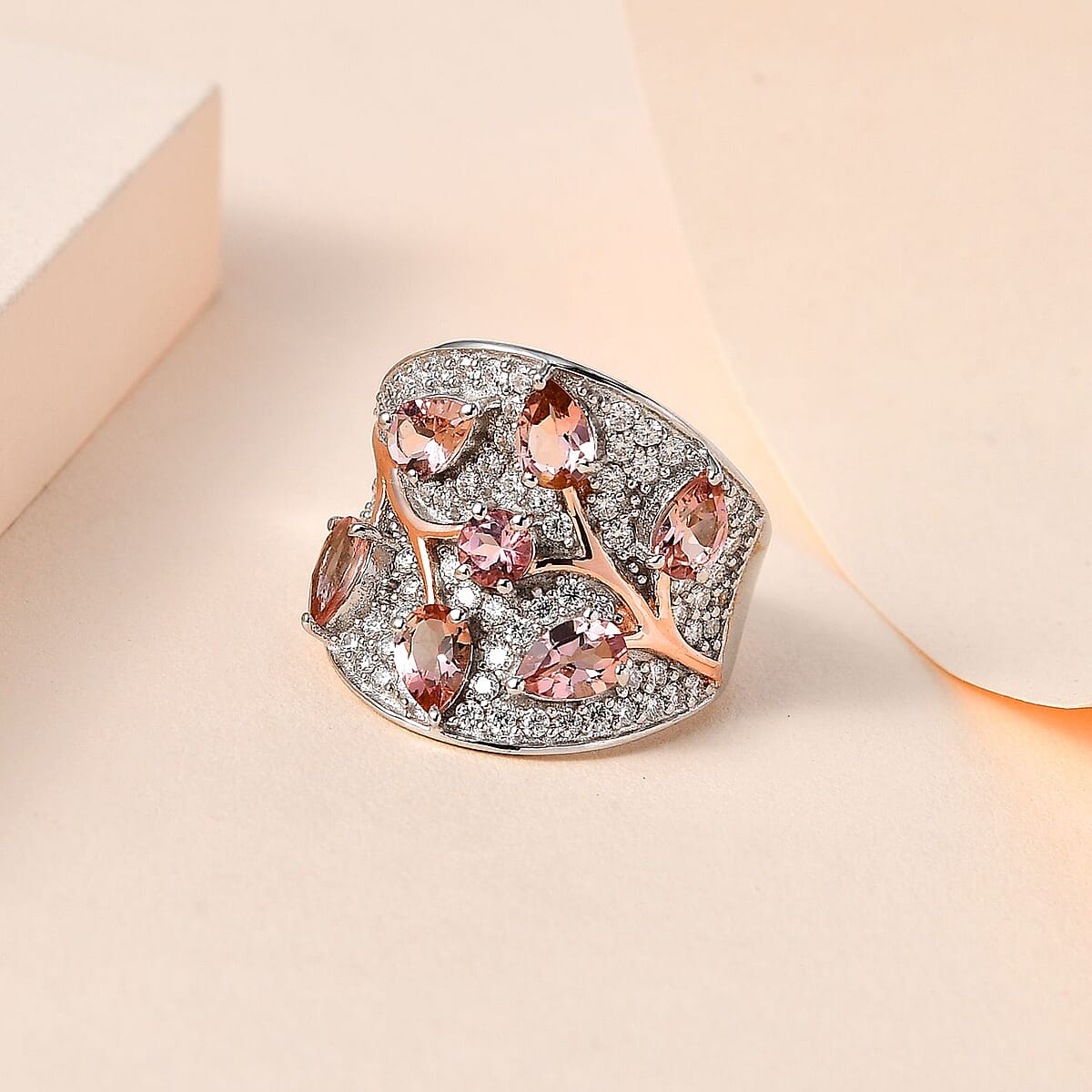 Premium Blush Tourmaline, Moissanite Ring in Vermeil RG and Platinum Over Sterling Silver (Size 10.0) (Del. in 8-10 Days) 4.10 ctw image number 1