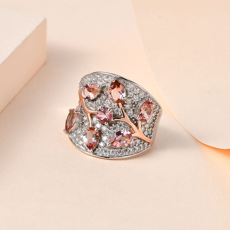 Premium Blush Tourmaline and Moissanite Ring in Vermeil Rose Gold and Platinum Over Sterling Silver (Size 10.0) 4.10 ctw