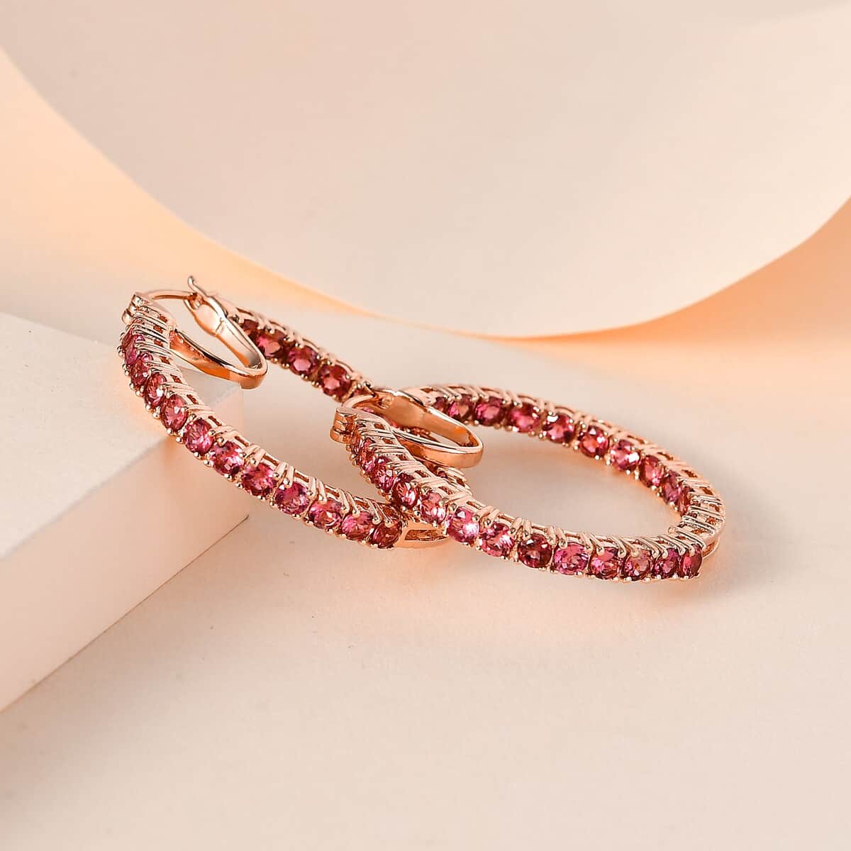 Premium Blush Tourmaline Inside Out Hoop Earrings in Vermeil Rose Gold Over Sterling Silver 5.10 ctw image number 1