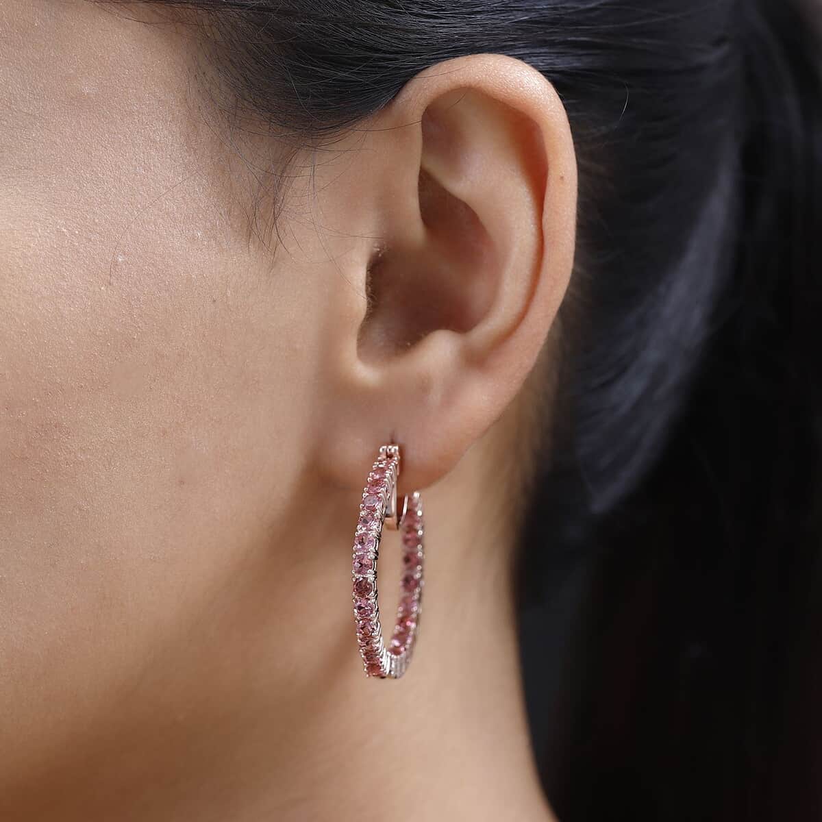 Premium Blush Tourmaline Inside Out Hoop Earrings in Vermeil Rose Gold Over Sterling Silver 5.10 ctw image number 2