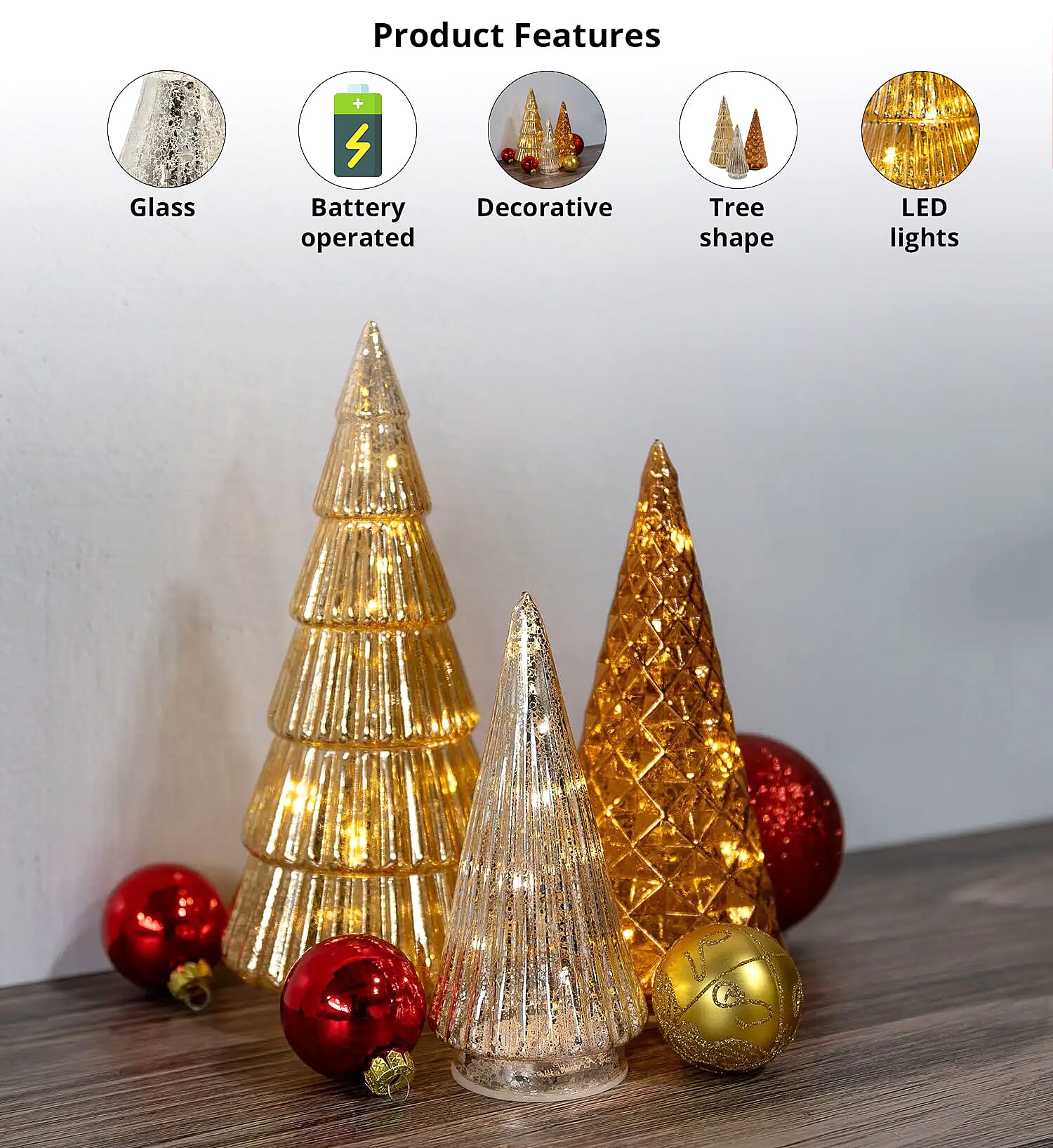 Lumabase Christmas-Battery Operated Gold, Bronze & Silver Trees – Set of 3