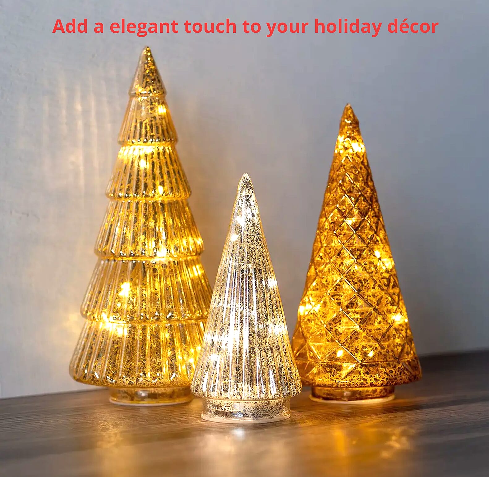 Lumabase Christmas-Battery Operated Gold, Bronze & Silver Trees – Set of 3