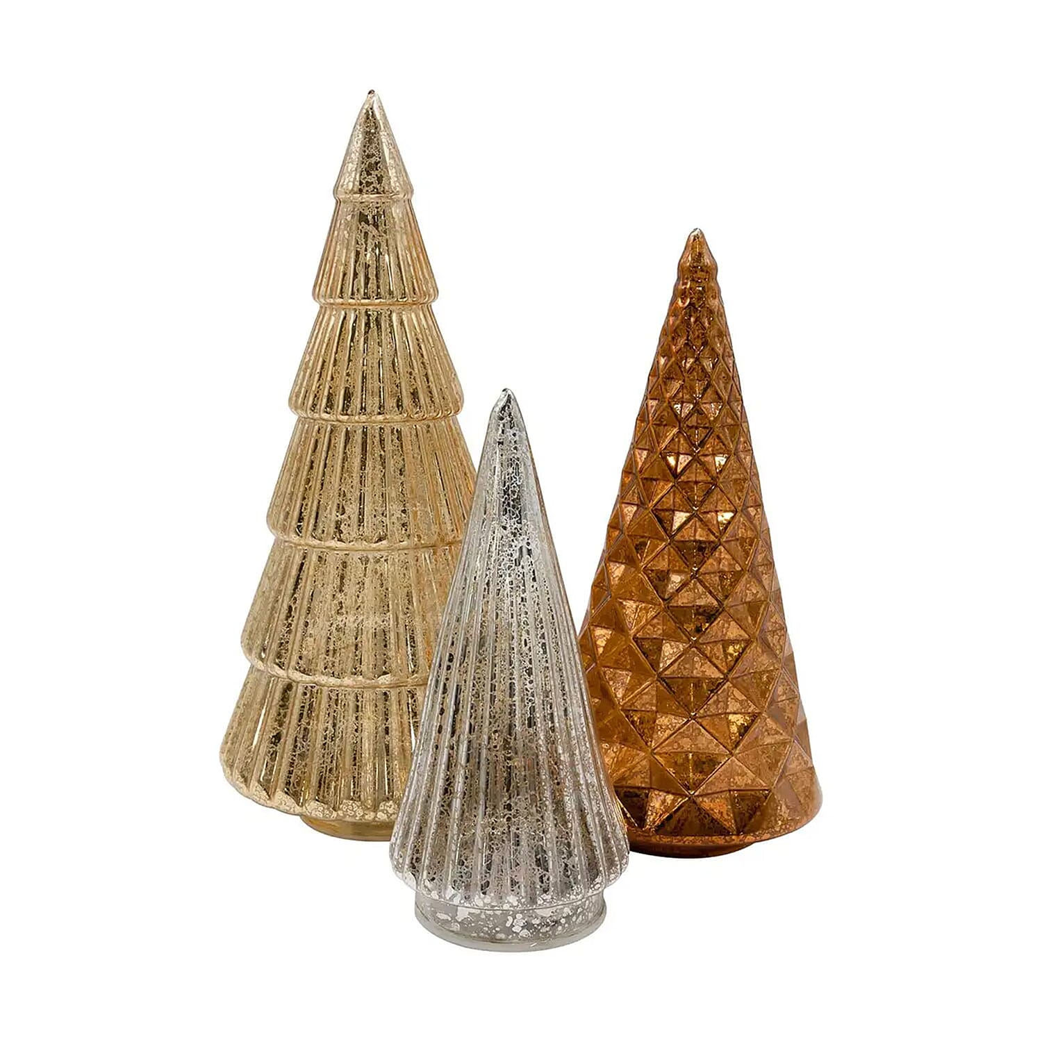 Lumabase Christmas-Battery Operated Gold, Bronze & Silver Trees – Set of 3