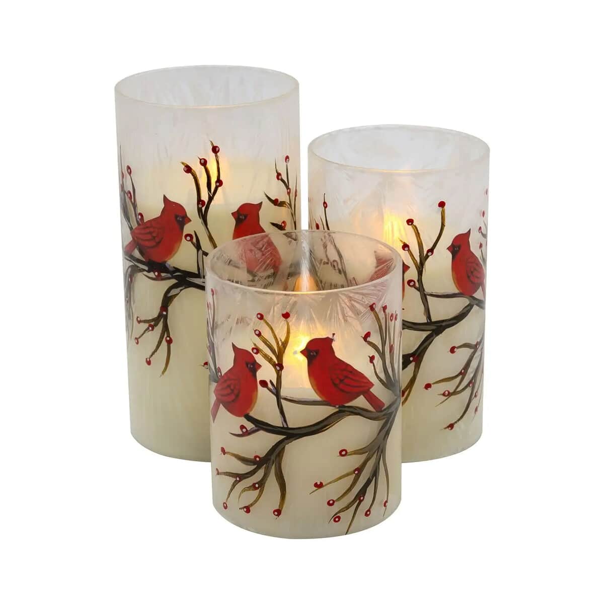 Lumabase Christmas-Battery Operated LED Red Cardinals Hurricane Candles – Set of 3 image number 0