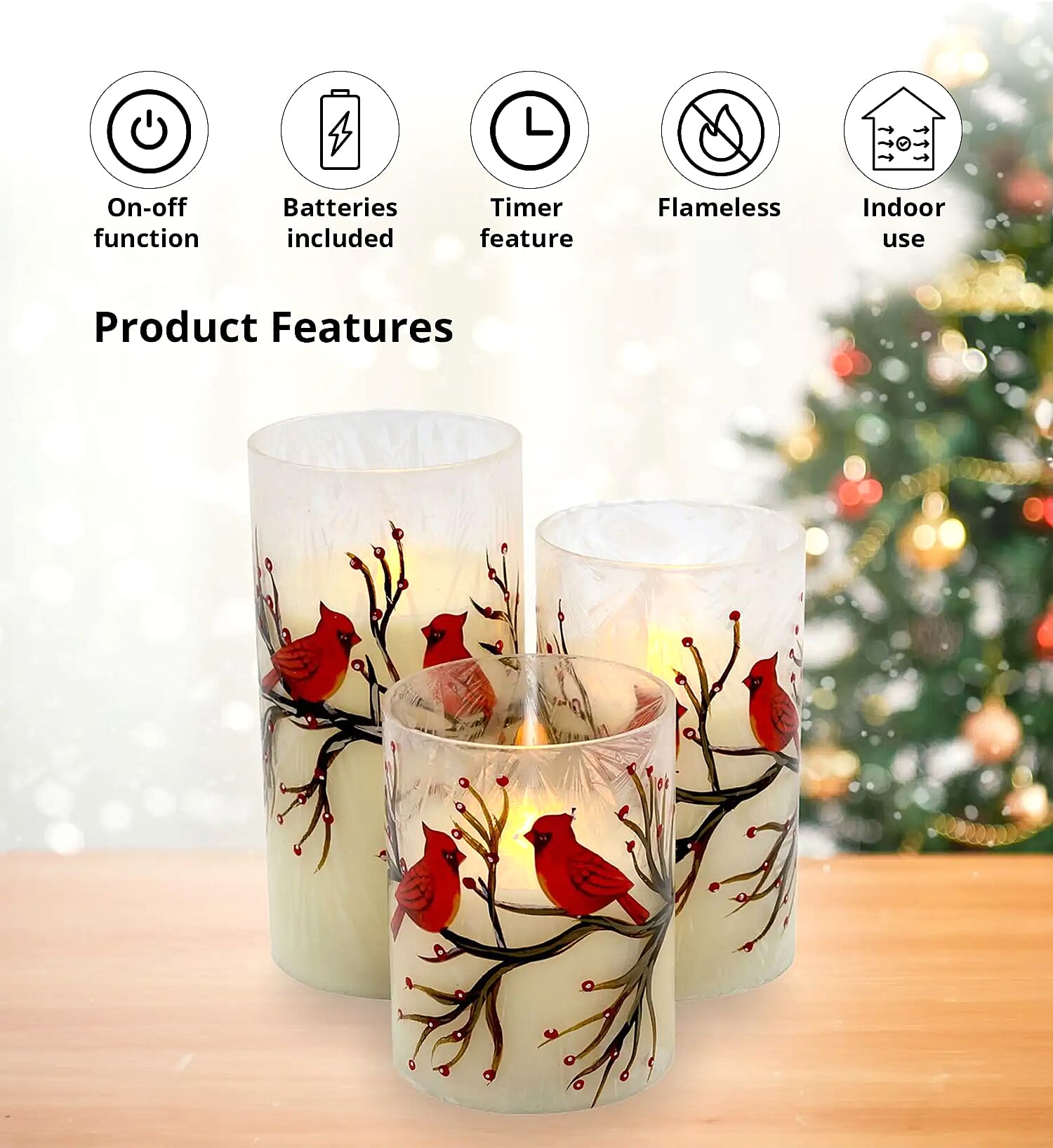 Lumabase Christmas-Battery Operated LED Red Cardinals Hurricane Candles – Set of 3