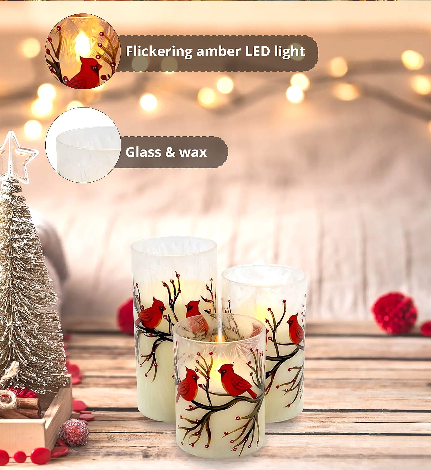 Lumabase Christmas-Battery Operated LED Red Cardinals Hurricane Candles – Set of 3