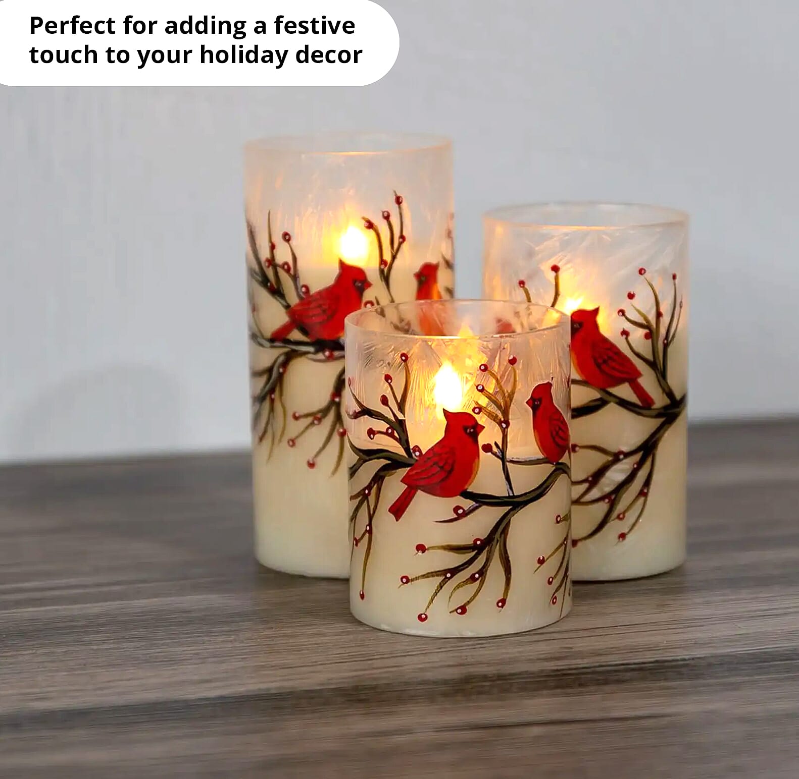 Lumabase Christmas-Battery Operated LED Red Cardinals Hurricane Candles – Set of 3