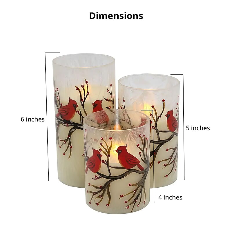 Lumabase Christmas-Battery Operated LED Red Cardinals Hurricane Candles – Set of 3