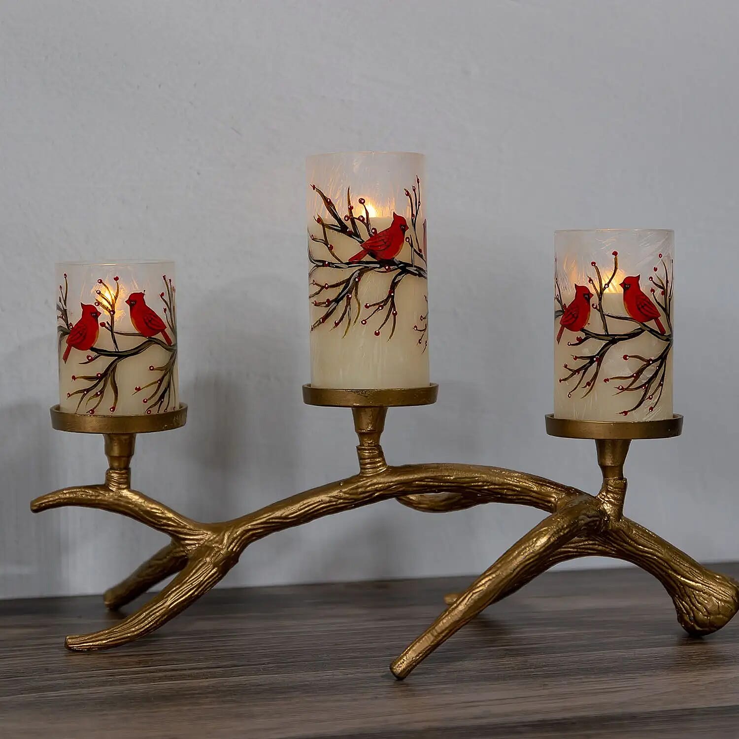 Lumabase Christmas-Battery Operated LED Red Cardinals Hurricane Candles – Set of 3