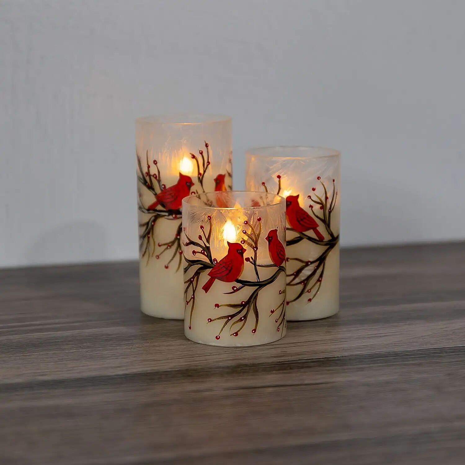Lumabase Christmas-Battery Operated LED Red Cardinals Hurricane Candles – Set of 3