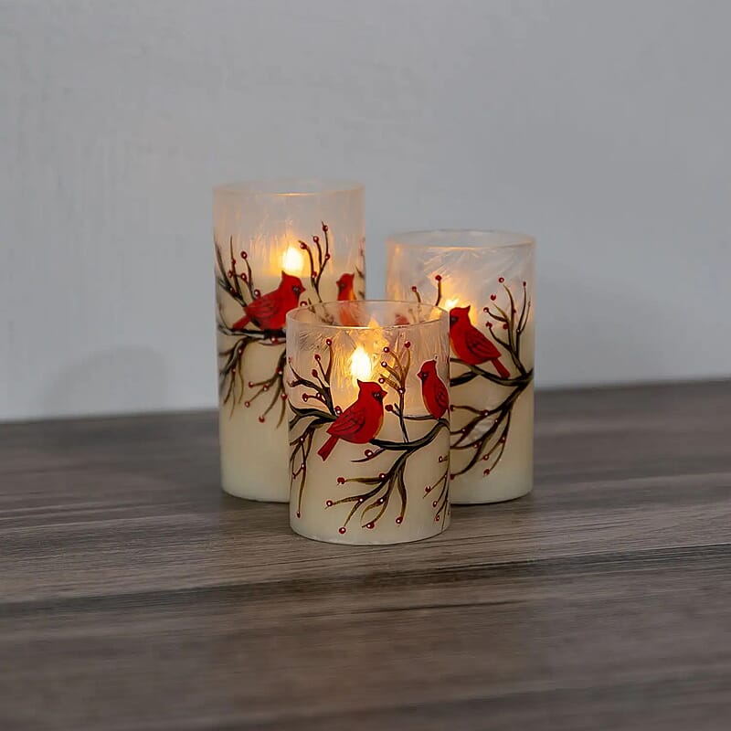 Lumabase Christmas-Battery Operated LED Red Cardinals Hurricane Candles – Set of 3