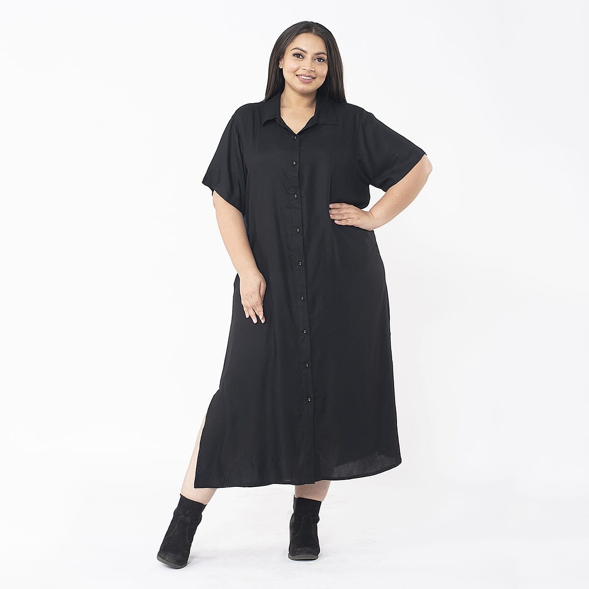 Tamsy Black Collar Dress with 3/4 Sleeve -S/M image number 0