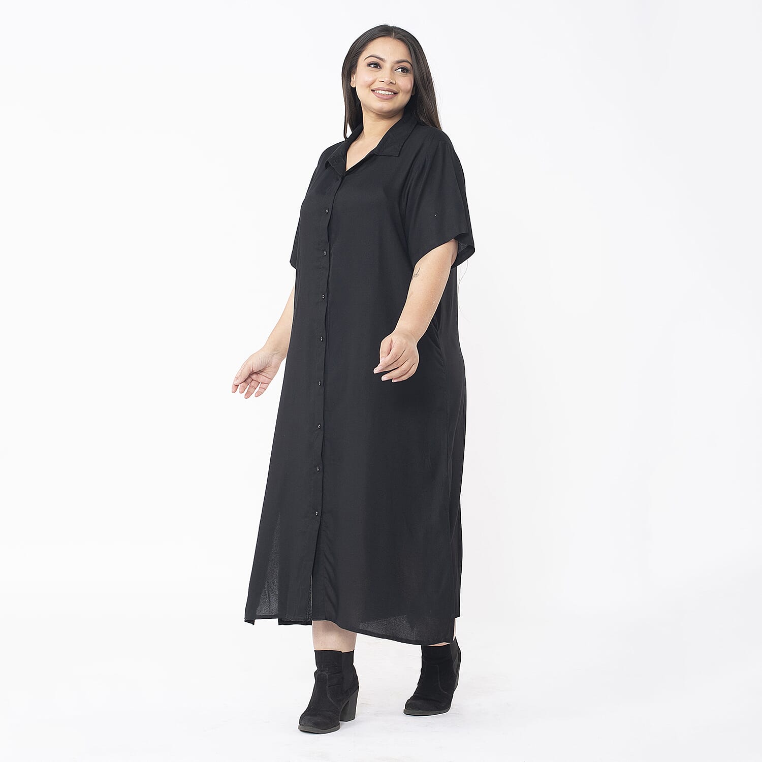 Tamsy Black Collar Dress with 3/4 Sleeve -S/M