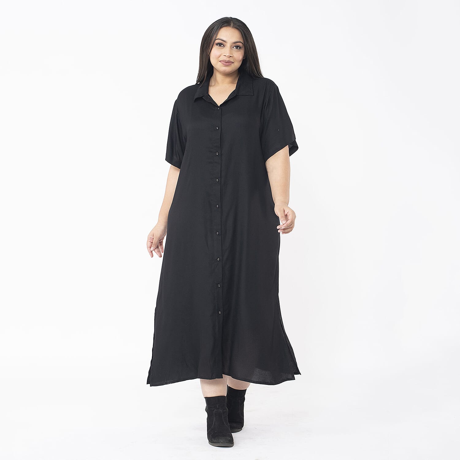 Tamsy Black Collar Dress with 3/4 Sleeve -S/M