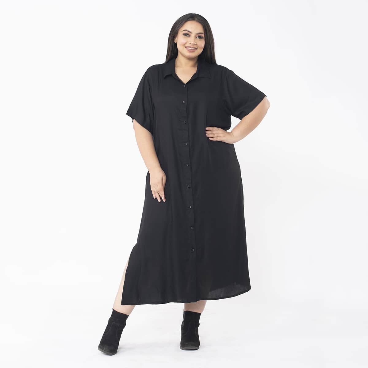 Tamsy Black Collar Dress with 3/4 Sleeve - L/XL image number 0