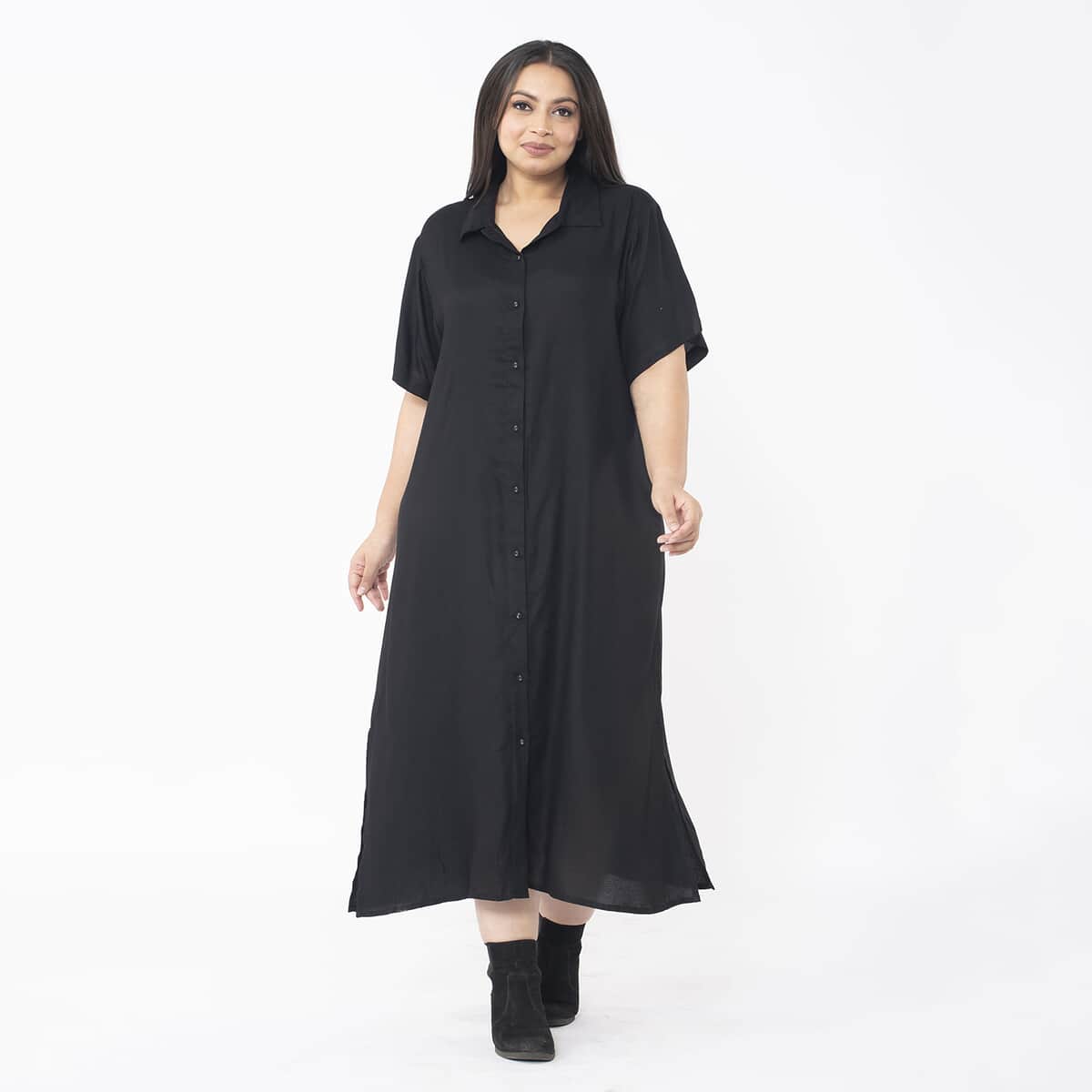 Tamsy Black Collar Dress with 3/4 Sleeve - L/XL image number 3