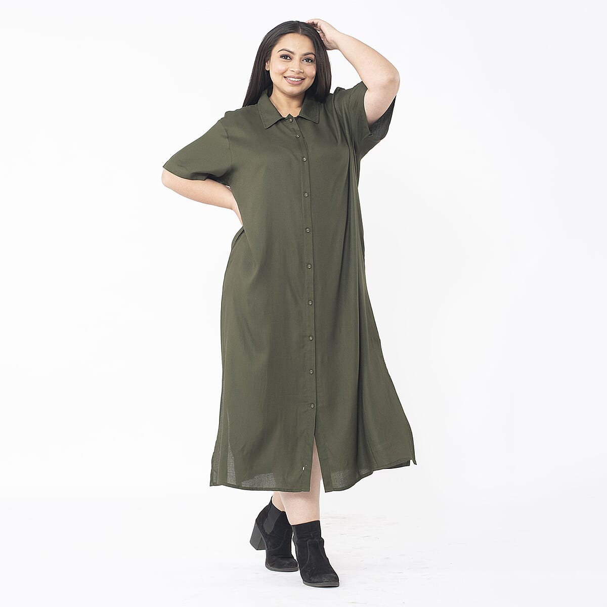 Tamsy Moss Green Collar Dress with 3/4 Sleeve - S/M image number 2