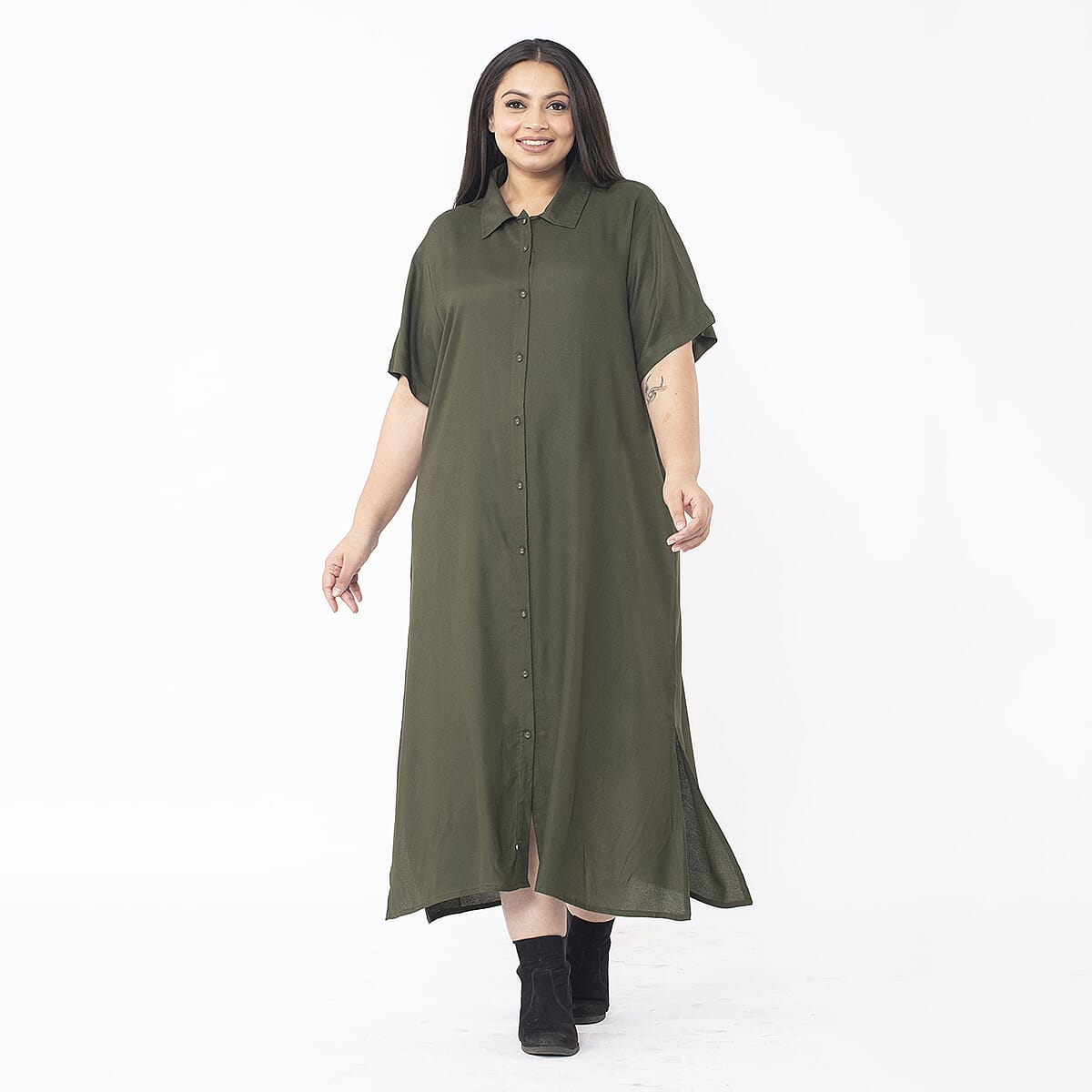 Tamsy Moss Green Collar Dress with 3/4 Sleeve - S/M image number 3