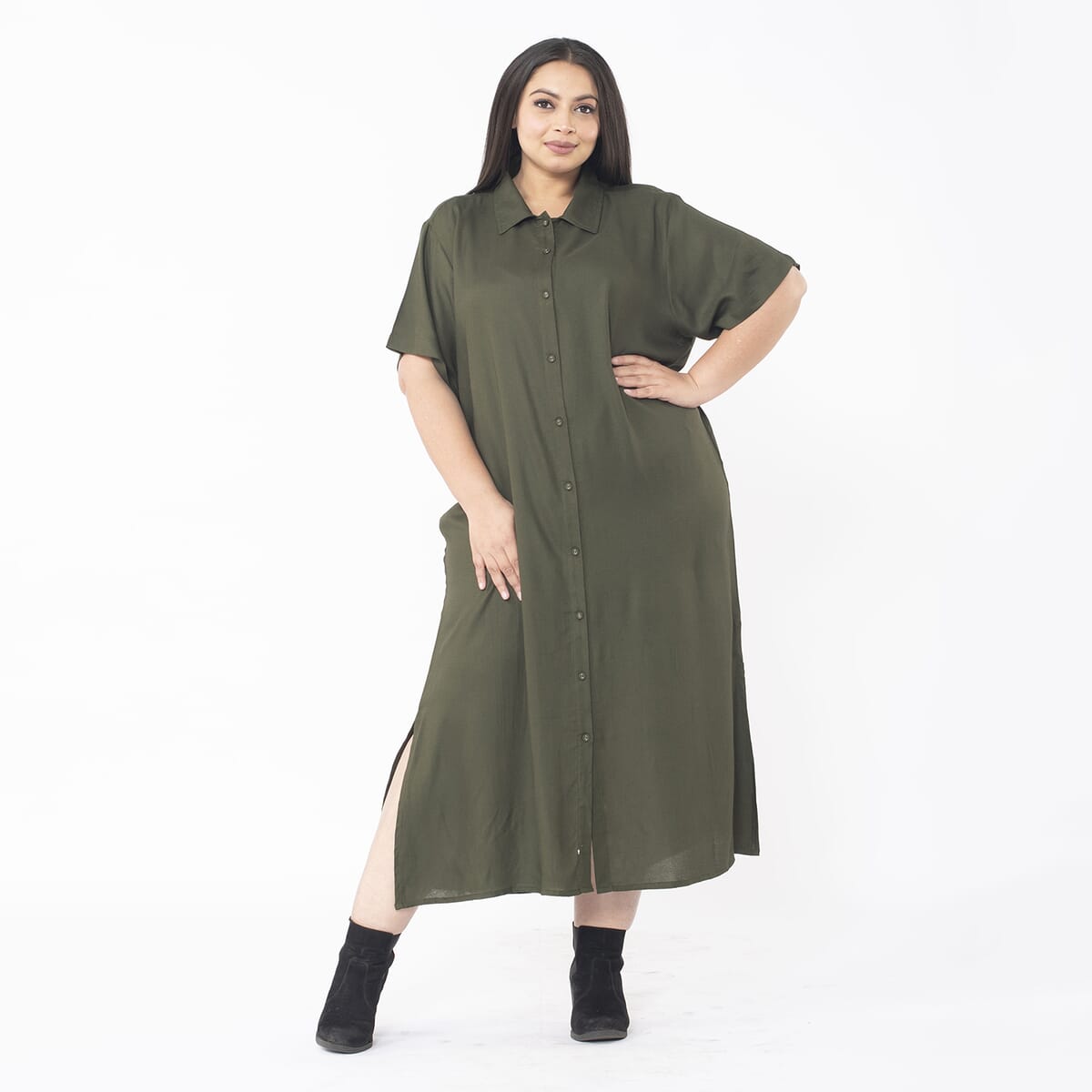 Tamsy Moss Green Collar Dress with 3/4 Sleeve - L/XL image number 0