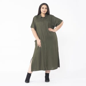 Tamsy Moss Green Collar Dress with 3/4 Sleeve - L/XL